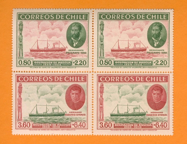  Chile 1940 4er Block Mi.244 - 245 kompl.Postfrisch Besitznahme der Osterinsel RAR selten angeboten.   