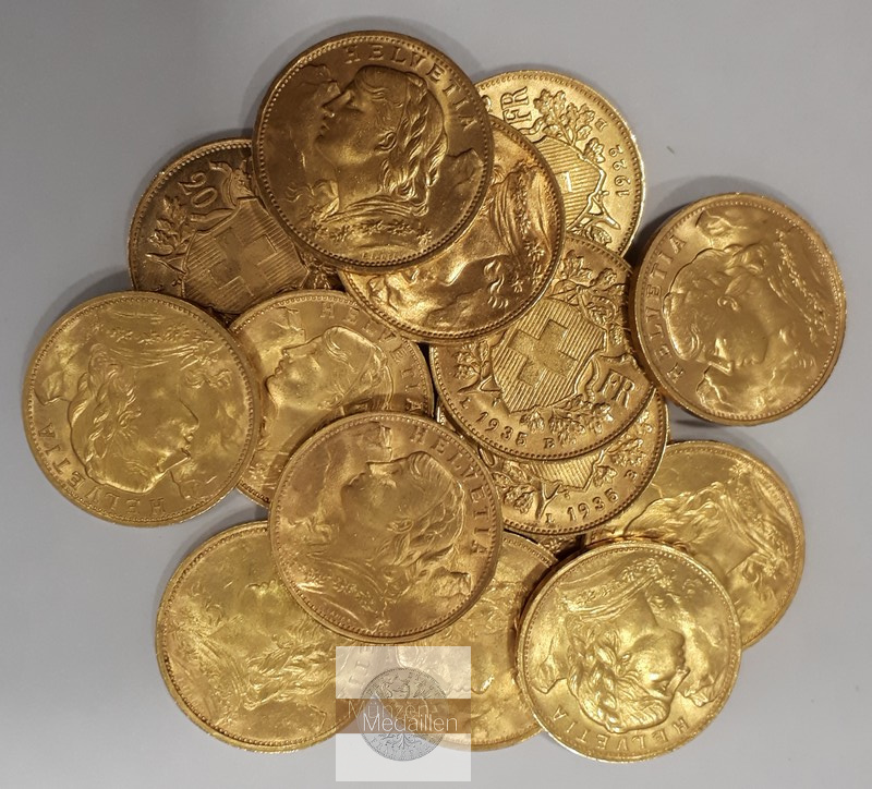 Schweiz MM-Frankfurt Feingewicht: 87,10 g Gold 15 x 20SFR (Vreneli) verschiedene 