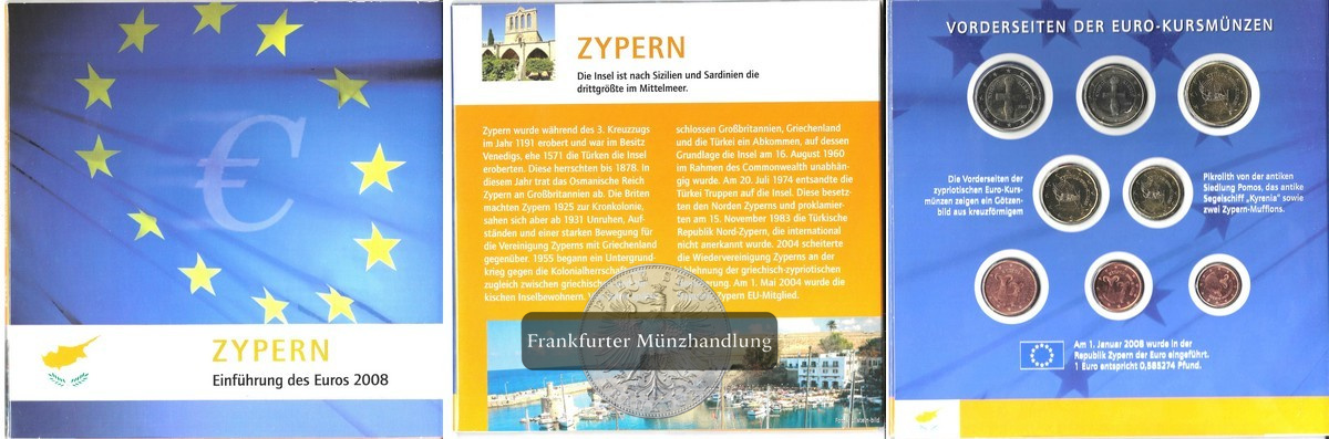  ZYPERN 2008 Euro-Kursmünzensatz + Briefmarken/Blocks Einführung des Euros FM-Frankfurt   