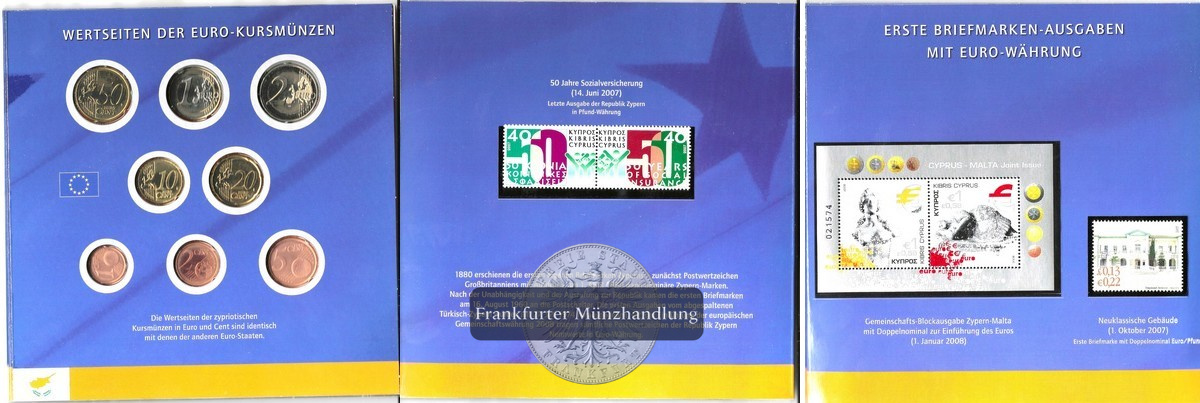  ZYPERN 2008 Euro-Kursmünzensatz + Briefmarken/Blocks Einführung des Euros FM-Frankfurt   