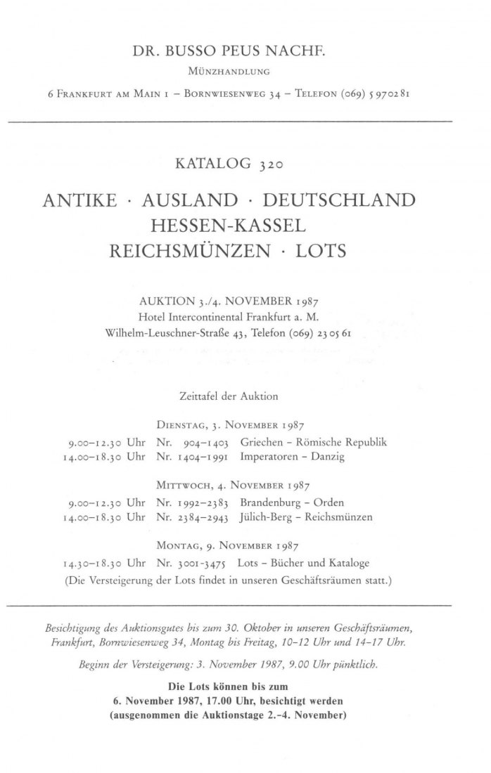 Busso Peus (Frankfurt) Auktion 320 (1987) Antike, Neuzeit, bes. Hessen-Kassel, Reichsmünzen Sammlung   
