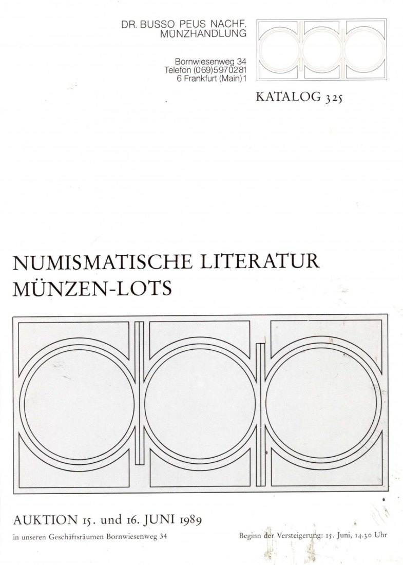  Busso Peus (Frankfurt) Auktion 325 (1989) Numismatische Literatur / Münzen-Lots   