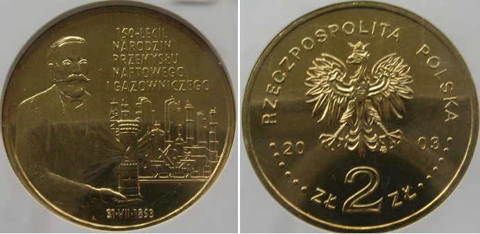  2003, Polen, 2 Zloty-Gedenkmünze: 150. Jahrestag der Entstehung der Öl- und Gasindustrie, SLAB   