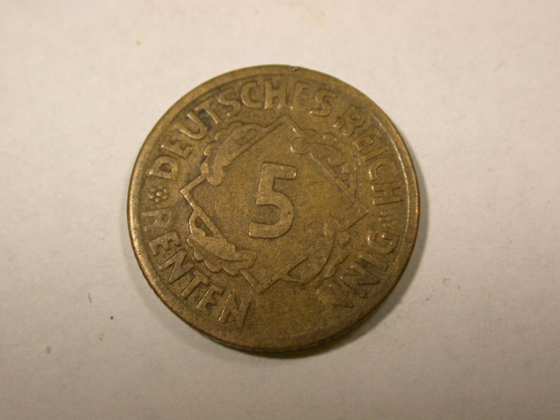 F14 Weimar 5 Renten Pfennig 1924 G in ss+, Prägefehler Originalbilder