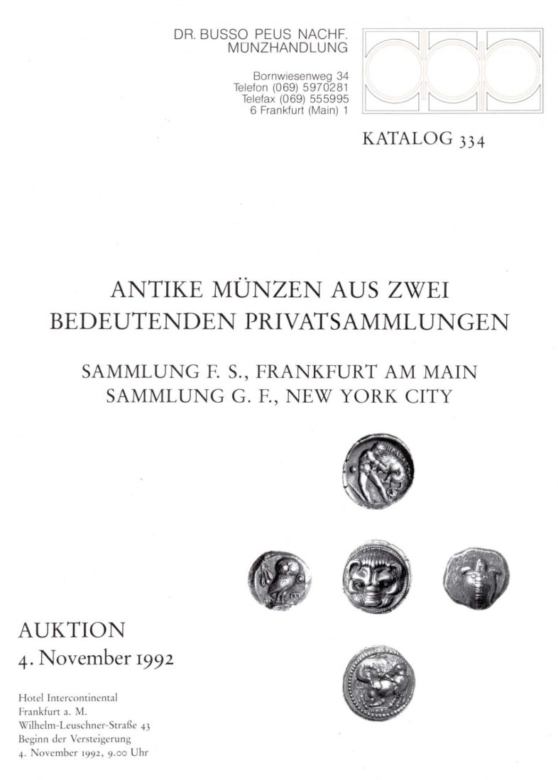  Busso Peus (Frankfurt) Auktion 334 (1992) Antike Münzen aus zwei bedeutenden Privatsammlungen   