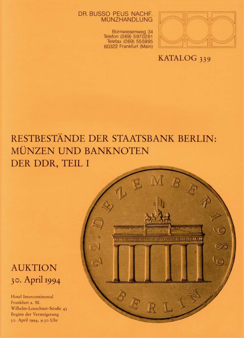  Busso Peus (Frankfurt) Auktion 339 (1994) Restbestände der Staatsbank Berlin DDR Münzen&Noten Teil01   