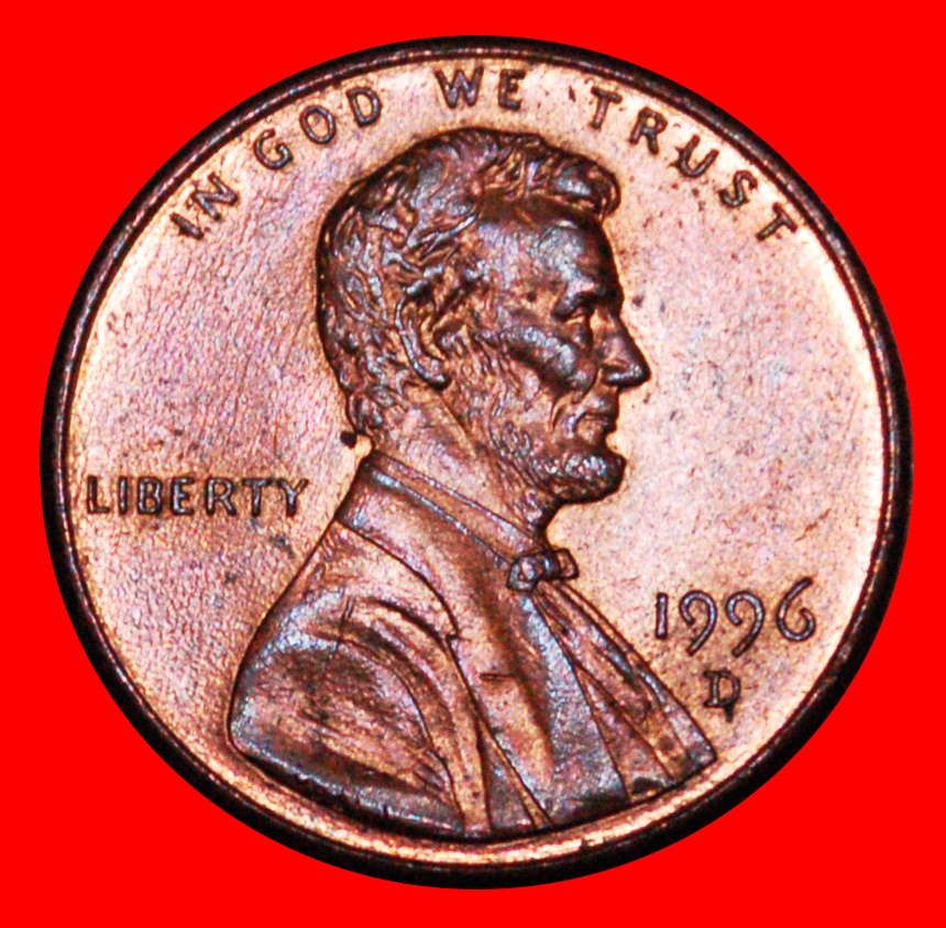  * MEMORIAL (1982-2008): USA★1 CENT 1996D UNC MINT LUSTRE! LINCOLN 1809-1865 ★LOW START ★ NO RESERVE!   