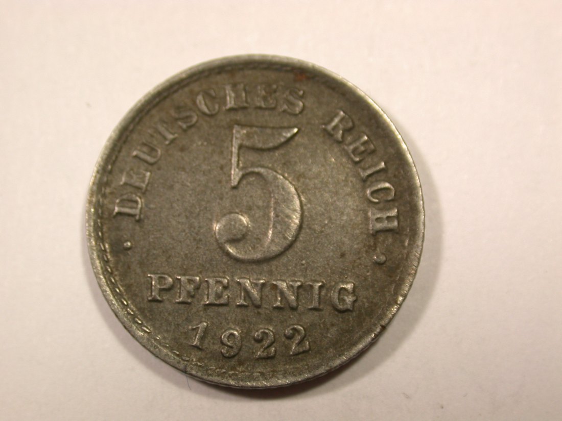 F16 KR 5 Pfennig 1922 G in vz-st Ersatzmünze Eisen Originalbilder