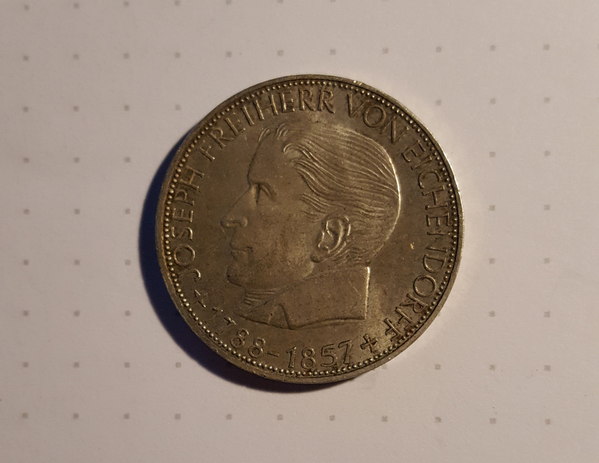 5 DM Silber Deutschland 1957 J , Joseph Freiherr von Eichendorff