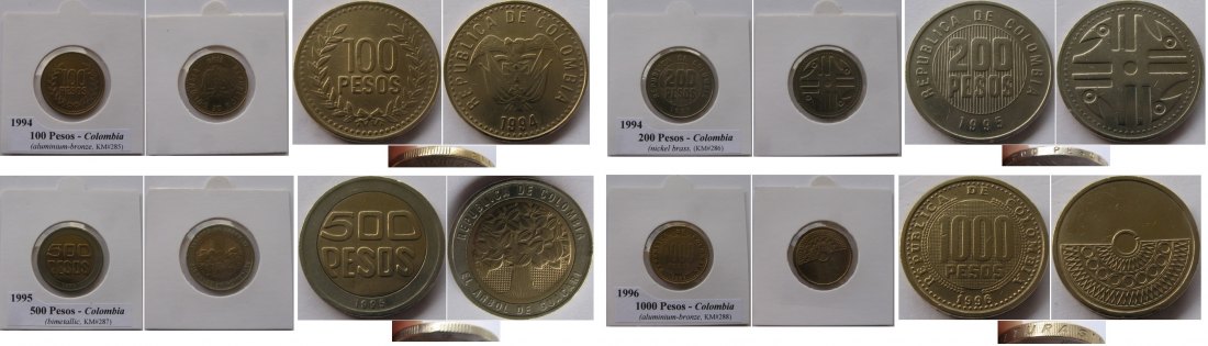  1994-1996, Colombia, a set 4 pcs coins   