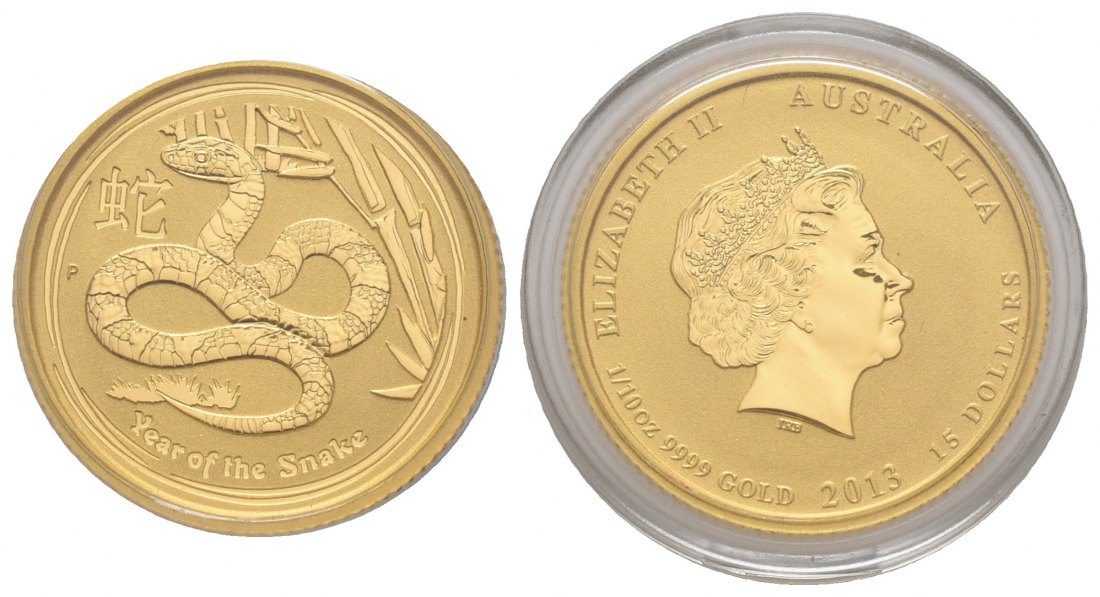 PEUS 6915 Australien 3,11 g Feingold. Jahr der Schlange 15 Dollars GOLD 1/10 Unze 2013 P Uncirculated (in Kapsel)
