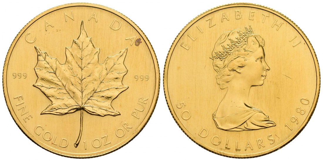 PEUS 6925 Kanada 31,1 g Feingold. Maple Leaf 50 Dollars GOLD Maple Leaf Unze 1980 Winzige Kratzer, fast Stempelglanz
