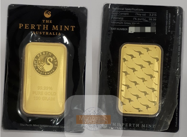 Australien,  Perth Mint MM-Frankfurt 100g Goldbarren  