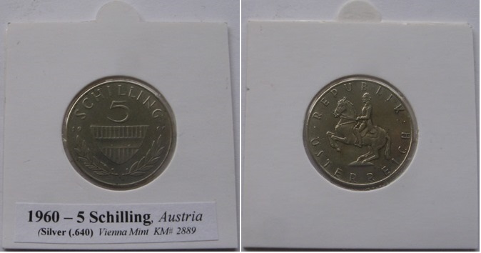  1960, Austria,  5 Schilling, silver coin   