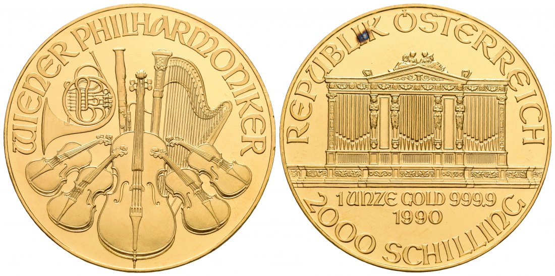 PEUS 6932 Österreich 31,1 g Feingold. Wiener Philharmoniker 2000 Schilling GOLD Unze 1990 Verfärbung, Stempelglanz