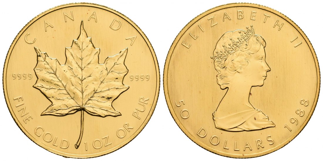 PEUS 6933 Kanada 31,1 g Feingold. Maple Leaf 50 Dollars GOLD Unze 1988 Kl. Randfehler, fast Stempelglanz