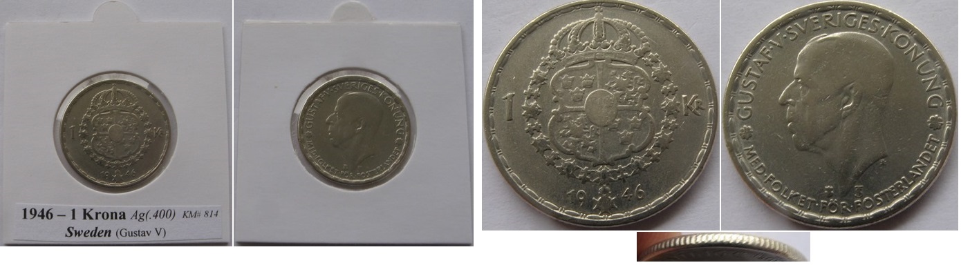  1946, Schweden, 1 Krone (Gustaf V), Silbermünze   