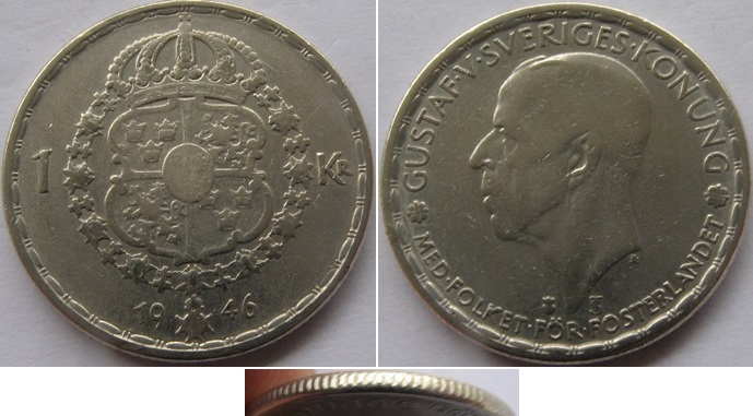  1946, Schweden, 1 Krone (Gustaf V), Silbermünze   