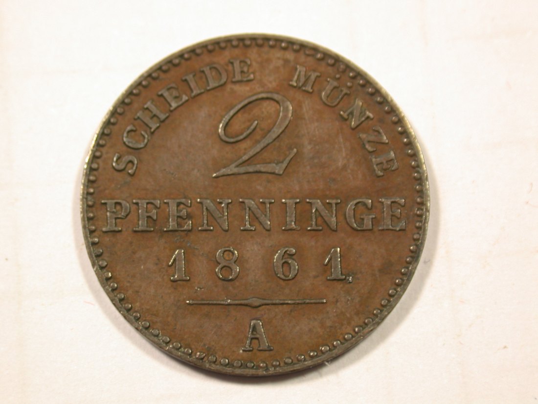 F19 Preussen 2 Pfennig 1861 A in vz-st/f.st Originalbilder