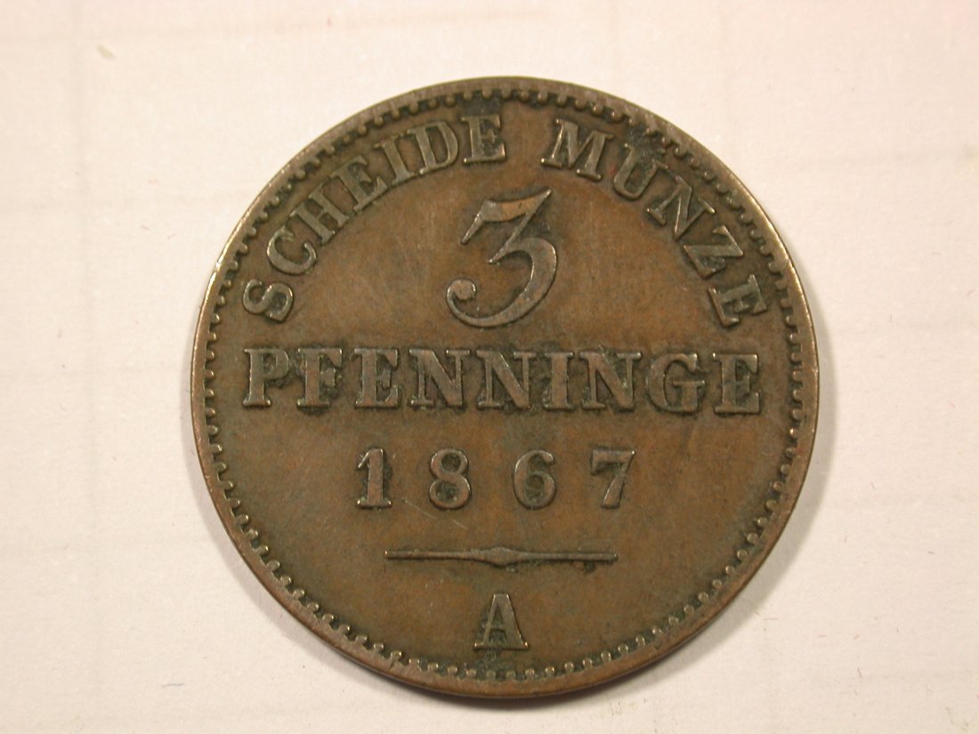 F19 Preussen 3 Pfennig 1867 A in vz+ Originalbilder