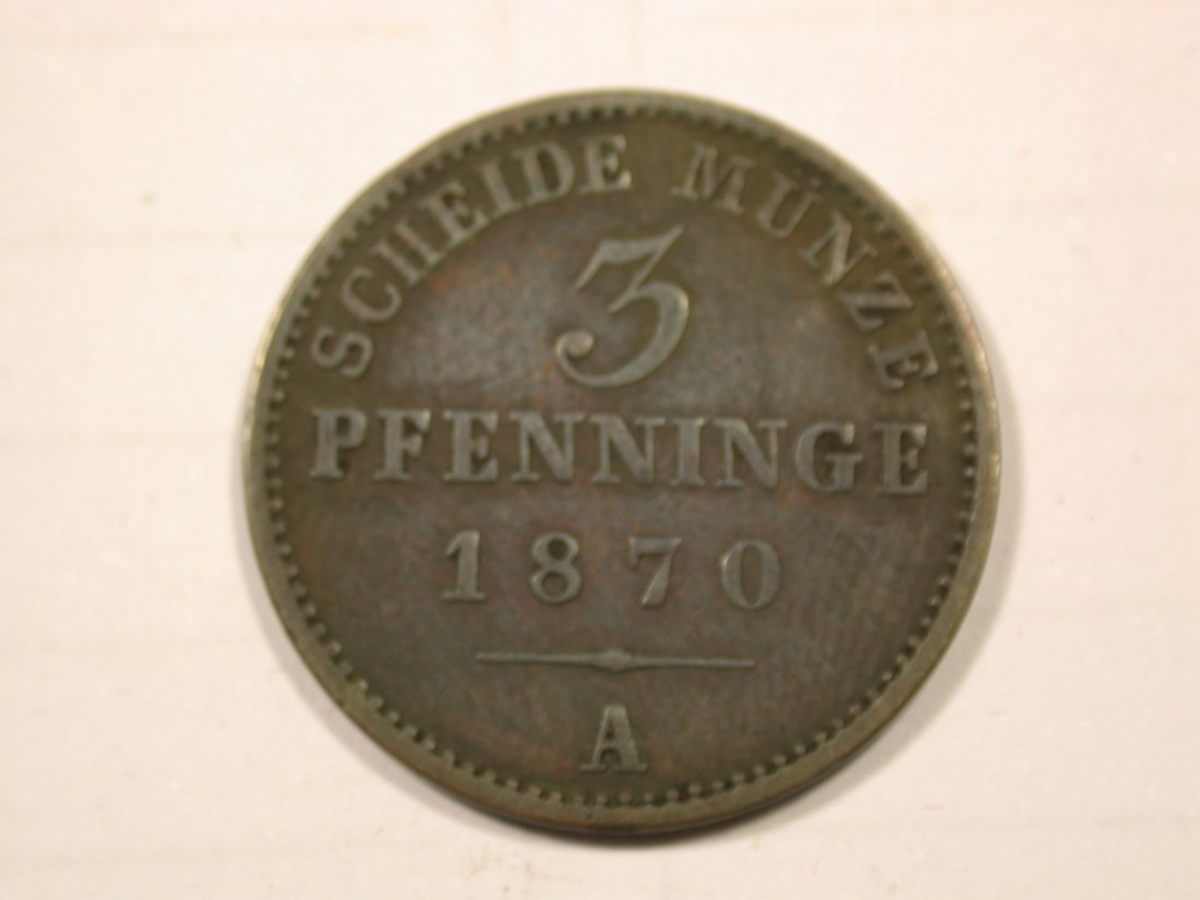 F19 Preussen 3 Pfennig 1870 A in ss+/ss-vz Originalbilder