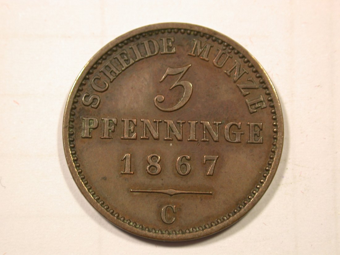 F19 Preussen 3 Pfennig 1867 C in vz-st Originalbilder