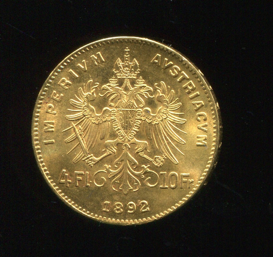  Österreich 4 Gulden Goldmünze 3,25 g Au von 1892 in St.   