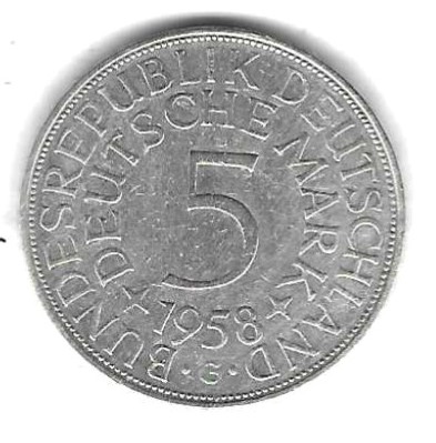  BRD 5 Mark 1958 G, Silber 11,2 gr. 0,625, sehr gute Erhaltung siehe Scan unten   