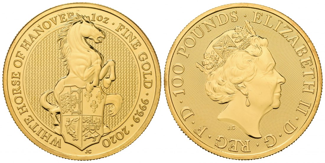 PEUS 6995 Grossbritannien 31,1 g Feingold. White Horse of Hanover 100 Pounds Queens Beasts GOLD Unze 2020 Uncirculated (Kapsel)