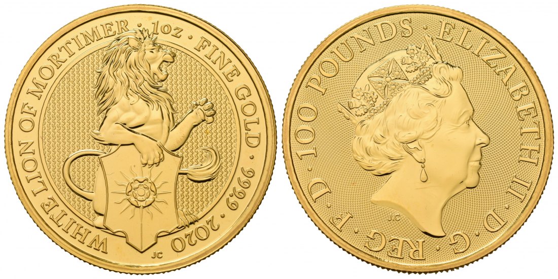 PEUS 7000 Grossbritannien 31,1 g Feingold. White Lion of Mortimer 100 Pounds Queens Beasts GOLD Unze 2020 Uncirculated (Kapsel)
