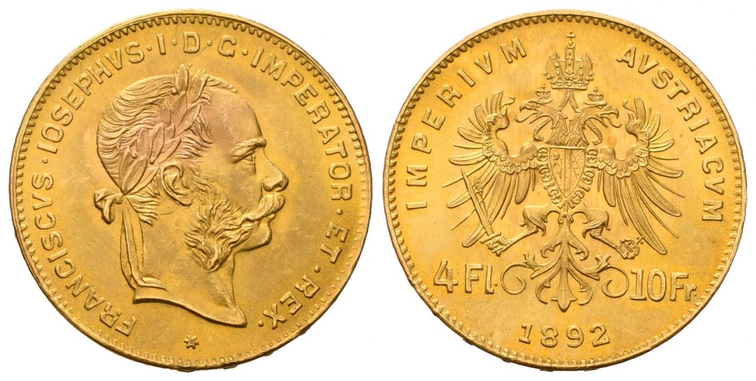 PEUS 7022 Österreich 2,9 g Feingold. Franz Joseph I. (1848 - 1916) 4 Gulden (NP) GOLD 1892 Fast Stempelglanz