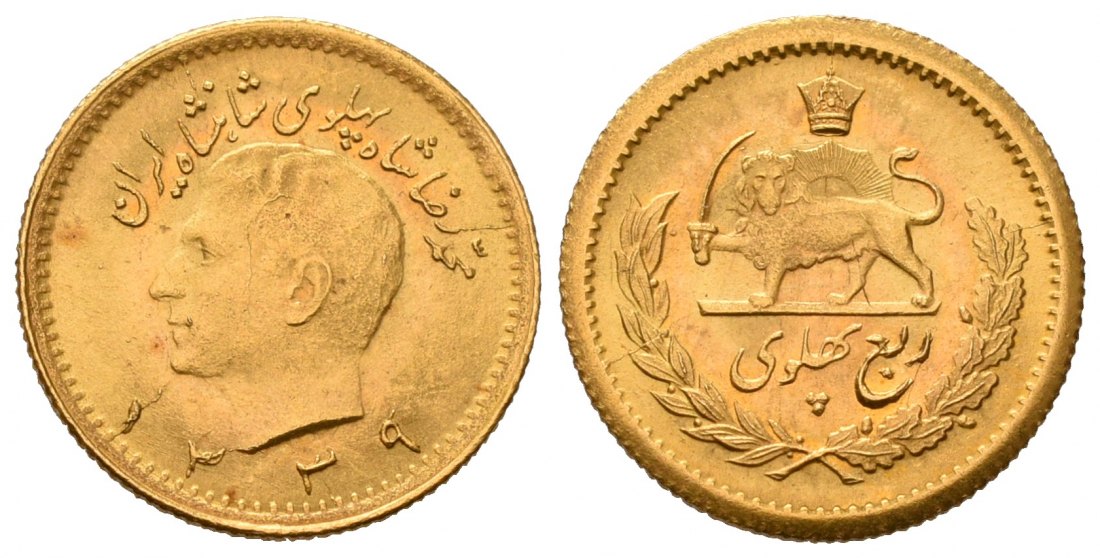 PEUS 7023 Iran 1,83 g Feingold. Muhammad Reza Shah 1/4 Pahlavi GOLD SH1339 (1960) Fast Stempelglanz
