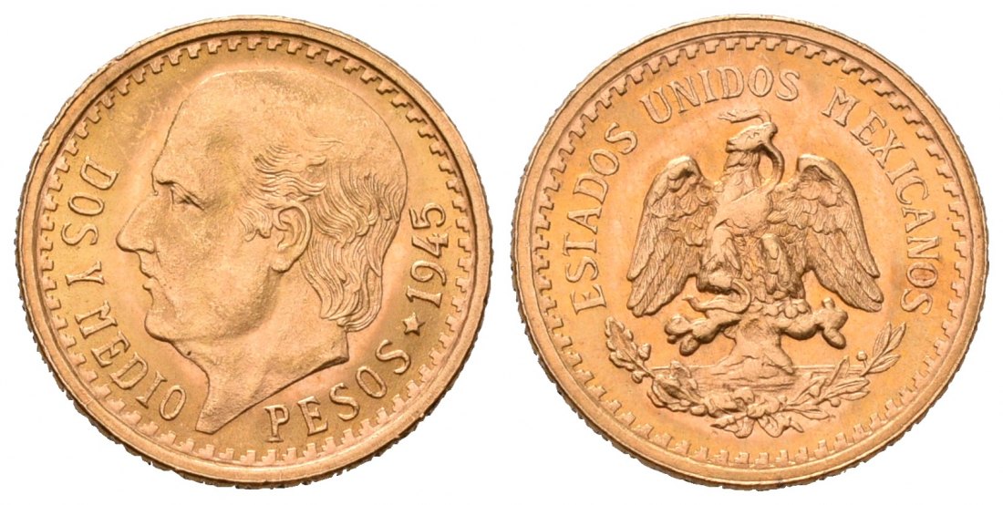 PEUS 7024 Mexiko 1,88 g Feingold. Miguel Hidalgo y Costilla 2 1/2 Pesos GOLD 1945 Fast Stempelglanz