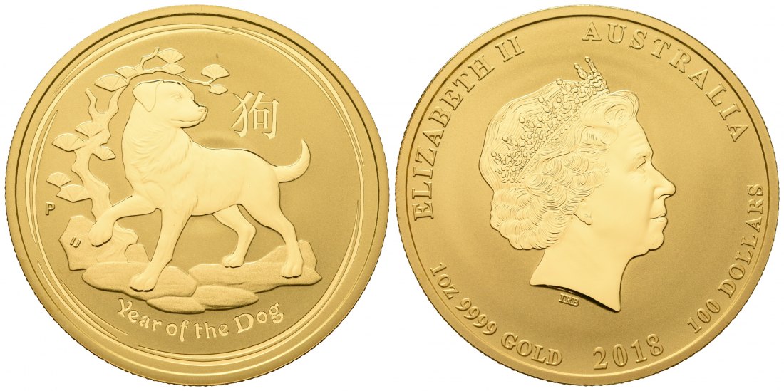 PEUS 7027 Australien 31,1 g Feingold. Jahr des Hundes 100 Dollar GOLD 2018 P Uncirculated (in Kapsel)