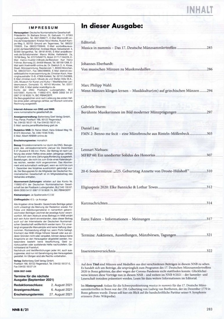  (NNB) Numismatisches Nachrichtenblatt 08/2021 Musica in nummis ( I )   