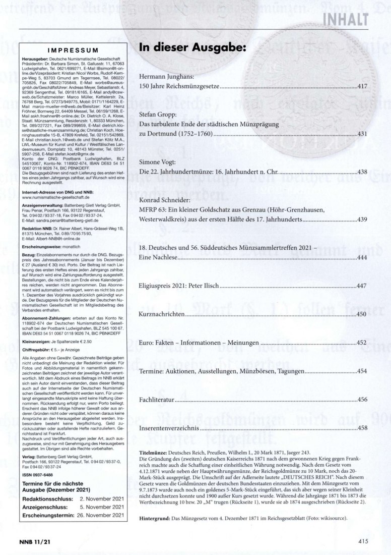  (NNB) Numismatisches Nachrichtenblatt 11/2021Goldschatz aus Grenzau Höhr-Grenzhausen Westerwaldkreis   