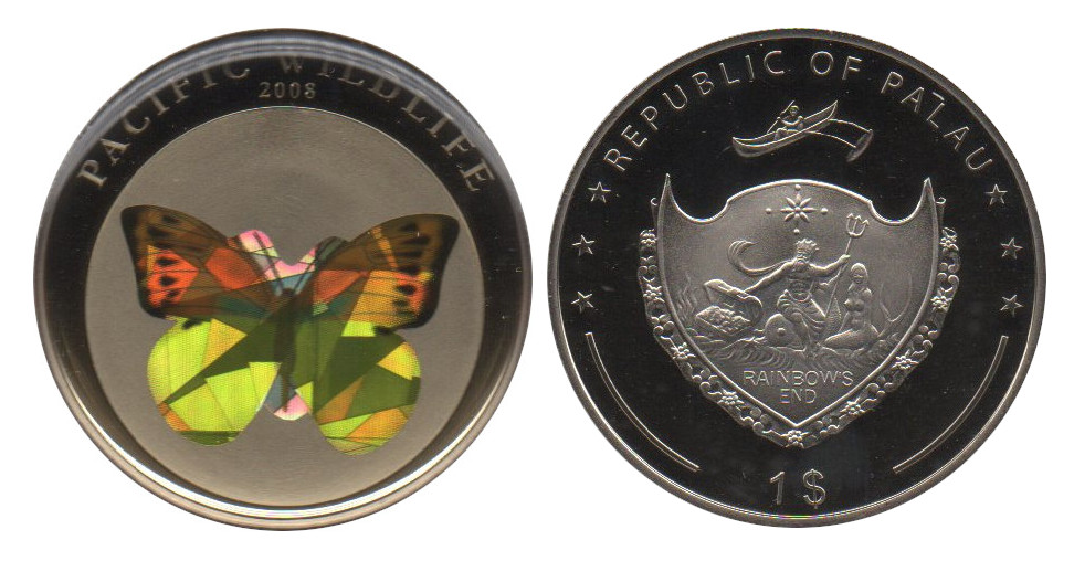  Palau 1 Dollar 2008 Farbmünze Schmetterling   