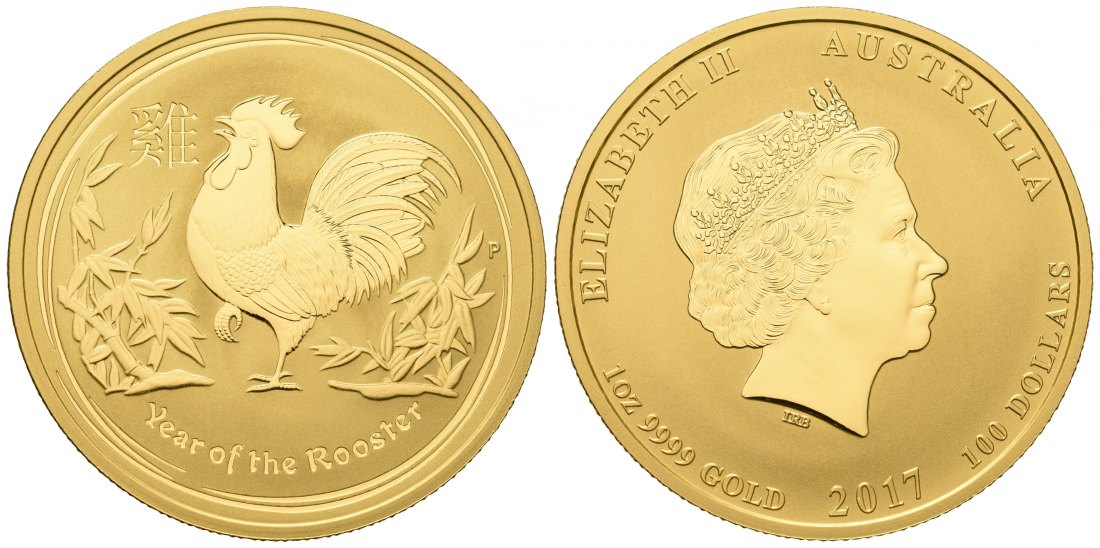 PEUS 7029 Australien 31,1 g Feingold. Jahr des Hahn 100 Dollars GOLD Unze 2017P Uncirculated (in Kapsel)