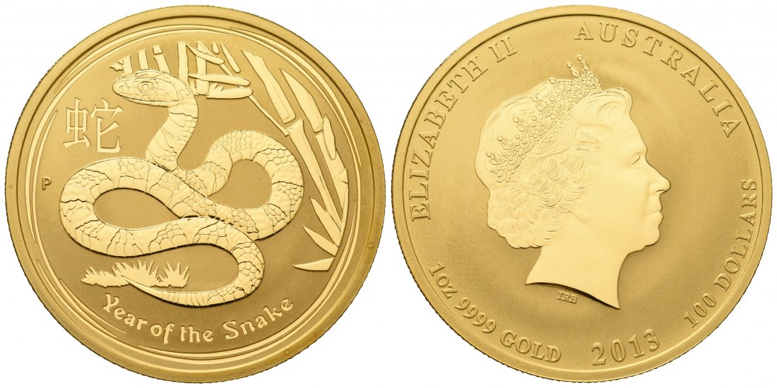 PEUS 7031 Australien 31,1 g Feingold. Jahr der Schlange 100 Dollars GOLD Unze 2013P Uncirculated (in Kapsel)
