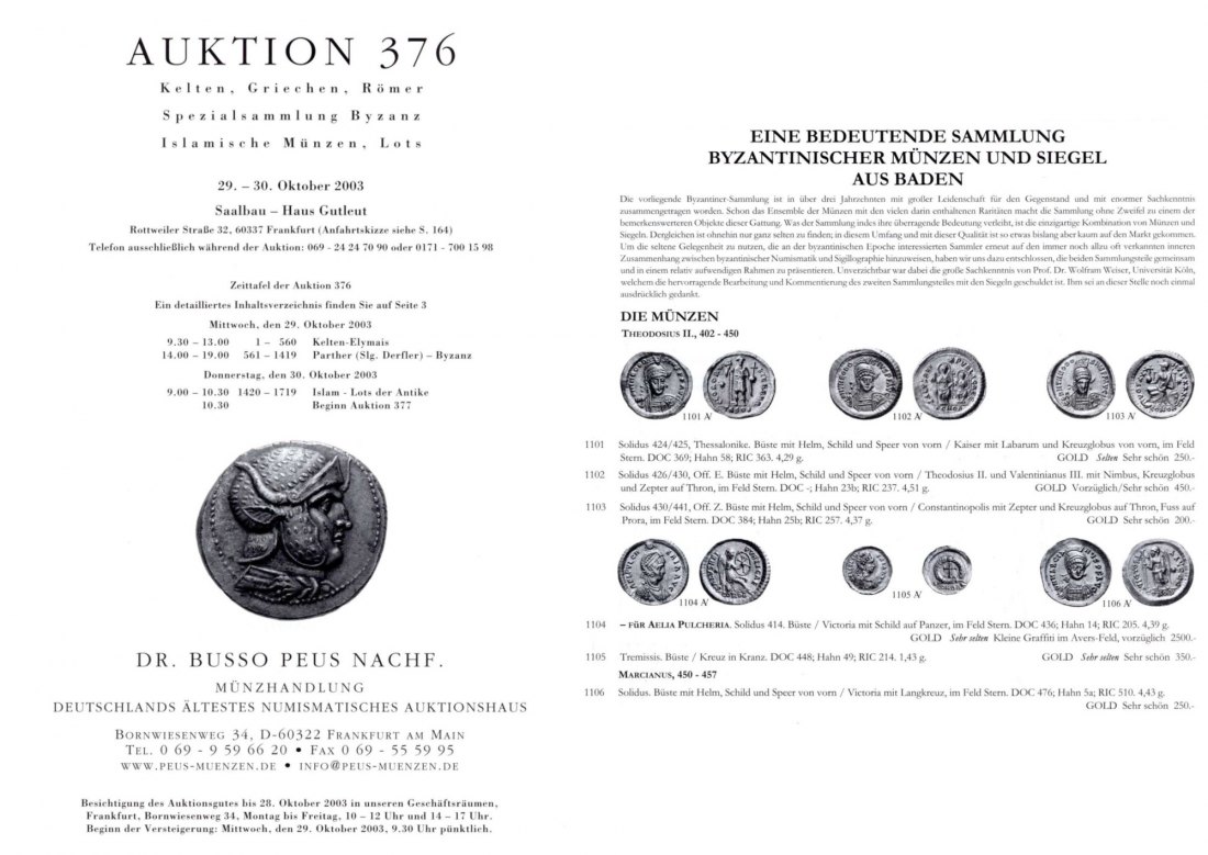  Busso Peus (Frankfurt) Auktion 376 (2003) Spezialsammlung Byzanz Münzen & Siegel / Griechen, Römer   