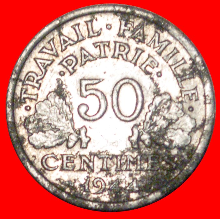  * AXE & GRAIN SPRIGS: FRANCE ★50 CENTIMES 1944B! VICHY FRENCH STATE UNCOMMON★LOW START ★ NO RESERVE!   