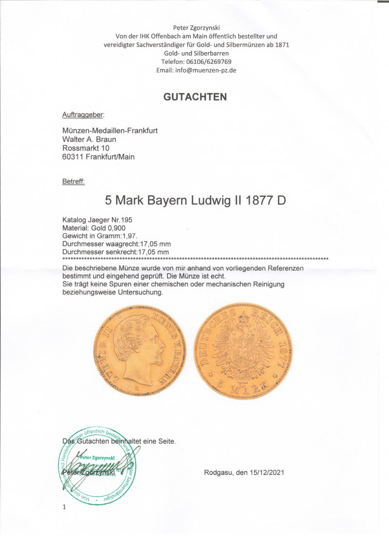 Bayern, Kaiserreich  5 Mark MM-Frankfurt Feingold: 1,77g Ludwig II. 1864-1886 1877 D 