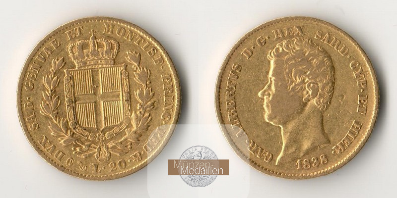 Sardinien MM-Frankfurt Feingold: 5,81g 20 Lire 1838 