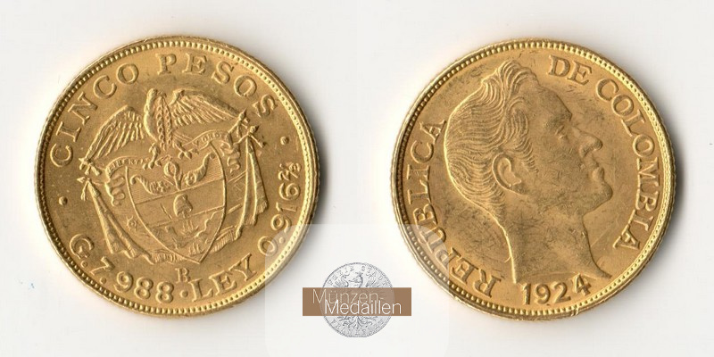 Kolumbien  5 Pesos MM-Frankfurt   Feingold: 7,32g Simon Bolivar 1924 