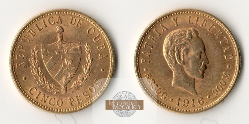 Kuba MM-Frankfurt  Feingold: 7,52g 5 Pesos 1916 