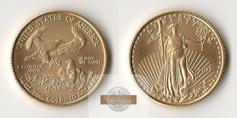 USA  10 Dollar MM-Frankfurt  Feingold: 7,77g American Gold Eagle (Type1) 2021 
