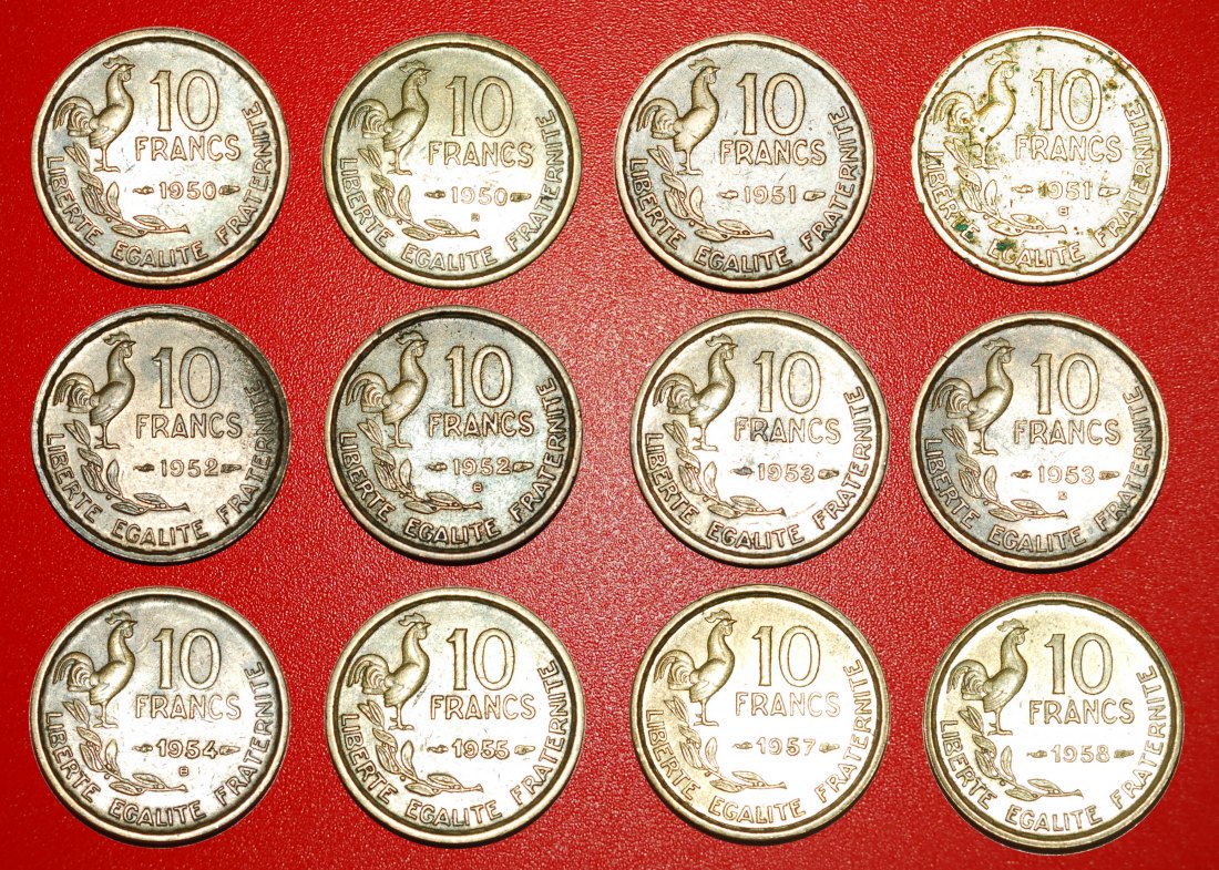  * HAHN: FRANKREICH ★ 10 FRANCS KOMPLETT-SET 12 MÜNZEN 1950-1958! ★OHNE VORBEHALT!   