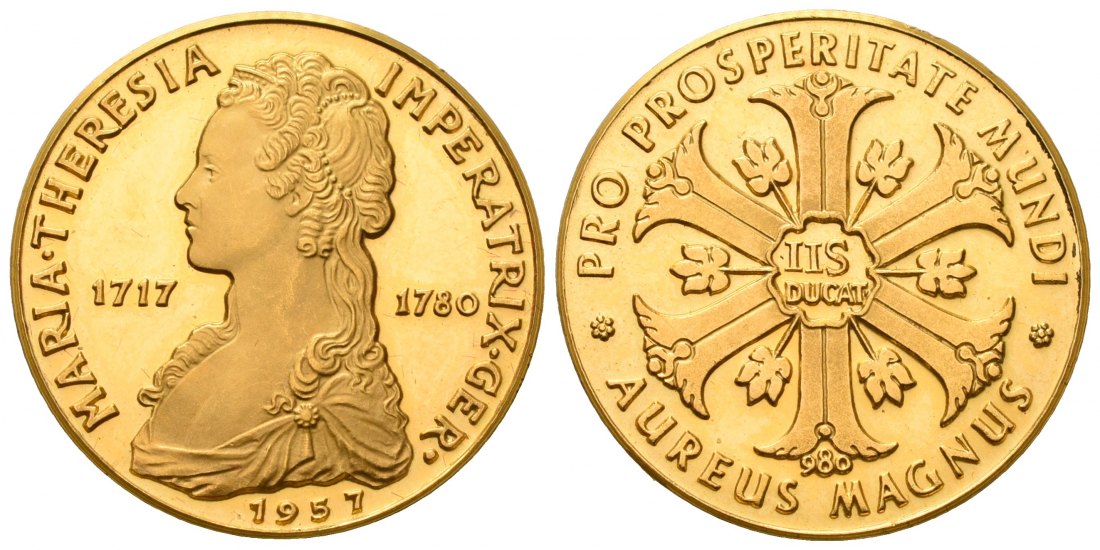 PEUS 7046 Welt / Österreich 26 mm / 8,46 g Feingold. Maria Theresia Goldmedaille zu 2 1/2 Dukaten 1957 Fast Stempelglanz
