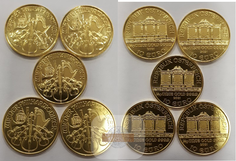 Österreich. LOT 10 x 10 Euro/200 ATS MM-Frankfurt Feingold: 10 x 3,11g, zus. 31.1g (Wiener Philharmoniker)  