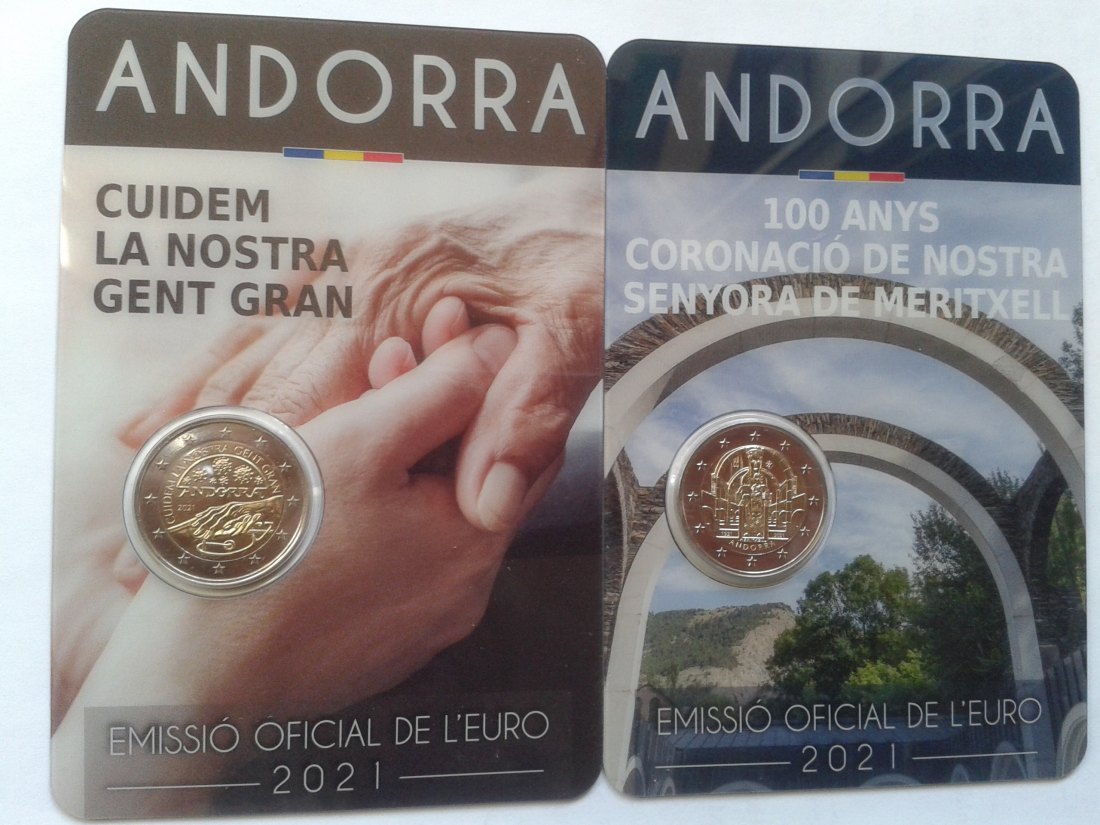  Original 2 x 2 euro 2021 Andorra coincards Jahrestag Krönung Meritxell und Senioren Seniorinnen   